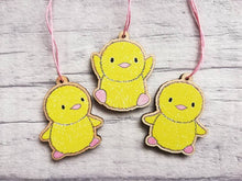 Load image into Gallery viewer, Easter chick decorations. Set of three wooden yellow chicks. Cute wooden Easter tree ornaments. Chick hanger, Easter tags. Eco friendly wood
