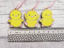 Load image into Gallery viewer, Easter chick decorations. Set of three wooden yellow chicks. Cute wooden Easter tree ornaments. Chick hanger, Easter tags. Eco friendly wood
