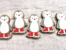Load image into Gallery viewer, Little grey penguin magnets, wearing red welly boots
