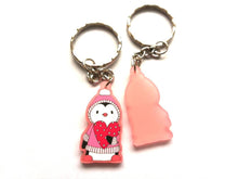 Load image into Gallery viewer, Pink penguin keyring, acrylic, cute love key fob, heart key chain, blush pink
