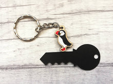 Load image into Gallery viewer, Tiny puffin keyring, mini puffin wooden key fob, ethically sourced wood, sea bird key chain, coastal bag charm
