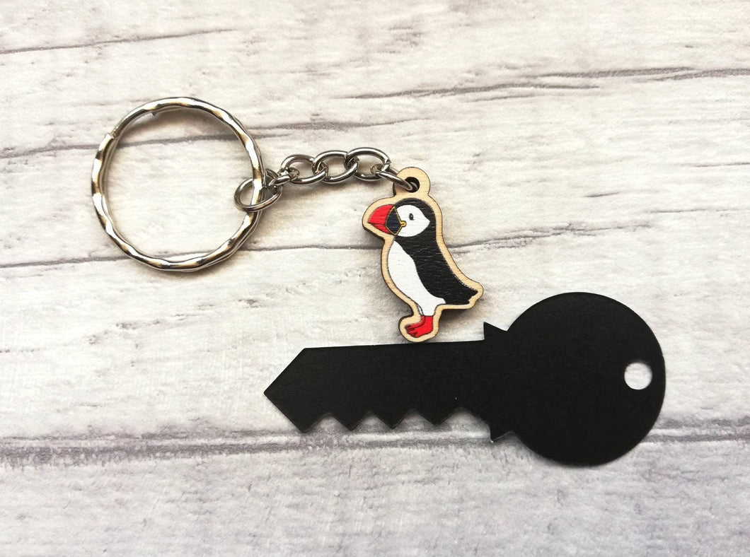 Tiny puffin keyring, mini puffin wooden key fob, ethically sourced wood, sea bird key chain, coastal bag charm