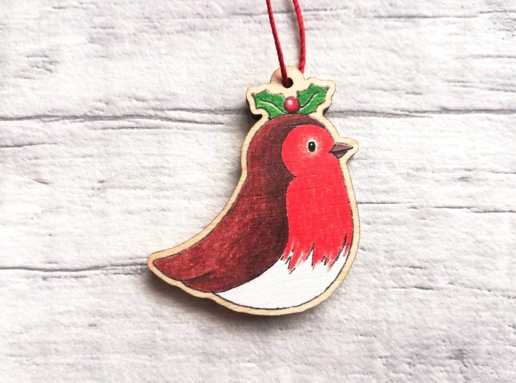 Robin mini decoration. Little wooden robin and holly small Christmas ornament, eco friendly ethically sourced wood