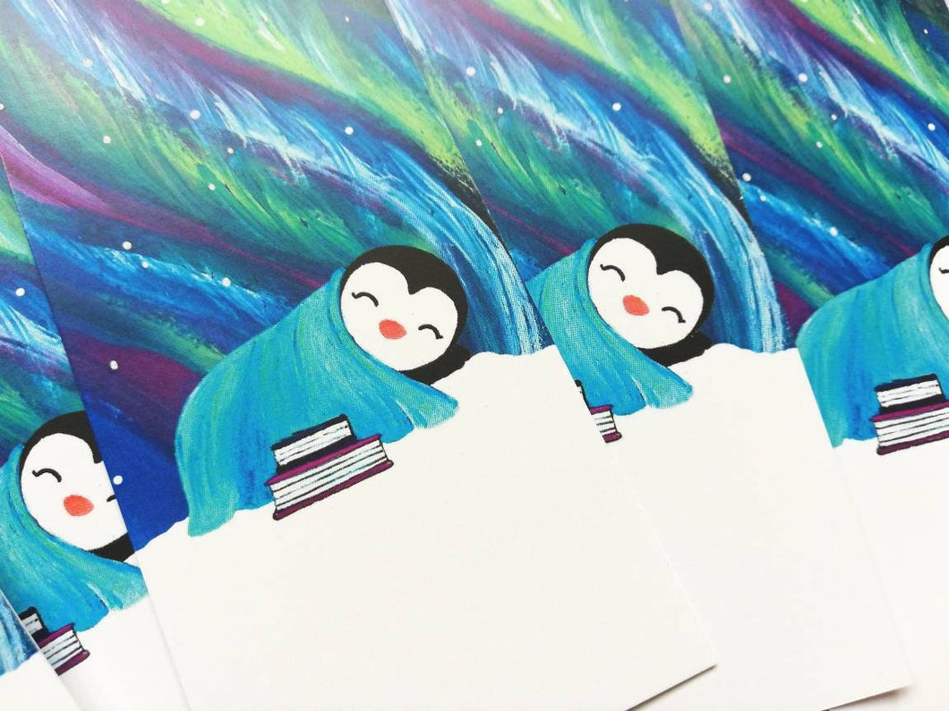 Sleeping penguin bookmark, aurora, Northern lights, penguin page marker,  bookmark, polar lights, stars, gift, book lover, book worm