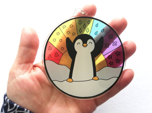 Penguin rainbow suncatcher, rainbow sunshine, window ornament cute penguin, rainbow colours, sunrise, recycled acrylic, mirror decor