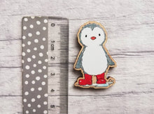 Load image into Gallery viewer, Penguin in red boots splashing in puddles wooden magnet
