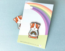 Load image into Gallery viewer, Rainbow guinea pig enamel pin, piggy brooch. Pastel blue sky, cloud, rainbow and heart pin. Cavy pin
