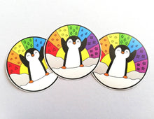 Load image into Gallery viewer, Penguin and rainbow vinyl sticker, penguin sunshine sticker
