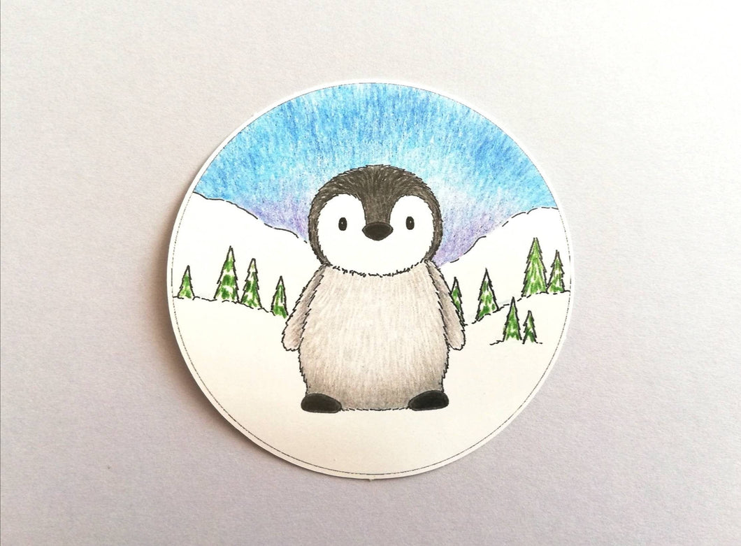 Penguin chick in the snow vinyl sticker, cute penguin decal