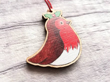 Load image into Gallery viewer, Robin mini decoration. Little wooden robin and holly small Christmas ornament, eco friendly ethically sourced wood
