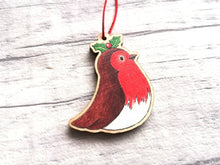 Load image into Gallery viewer, Robin mini decoration. Little wooden robin and holly small Christmas ornament, eco friendly ethically sourced wood
