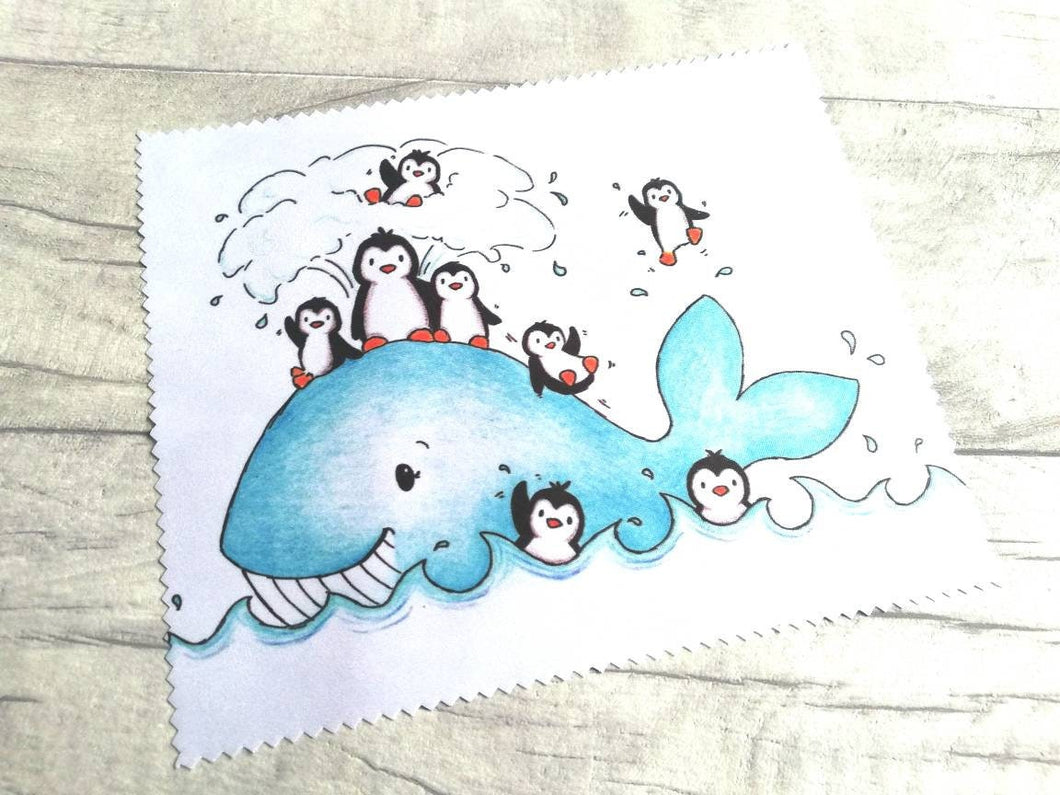 Penguin and whale glasses, screen cleaner, penguin lens cloth, fabric screen wipe, cute penguins screen wipe