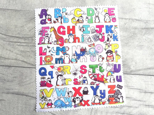 Penguin alphabet glasses, screen cleaner, fun penguin lens cloth, cute children's screen wipe, fabric screen wipe