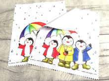 Load image into Gallery viewer, Rainbow penguin glasses, screen cleaner, penguins in the rain lens cloth, cute screen wipe, rainbow umbrella fabric screen wipe
