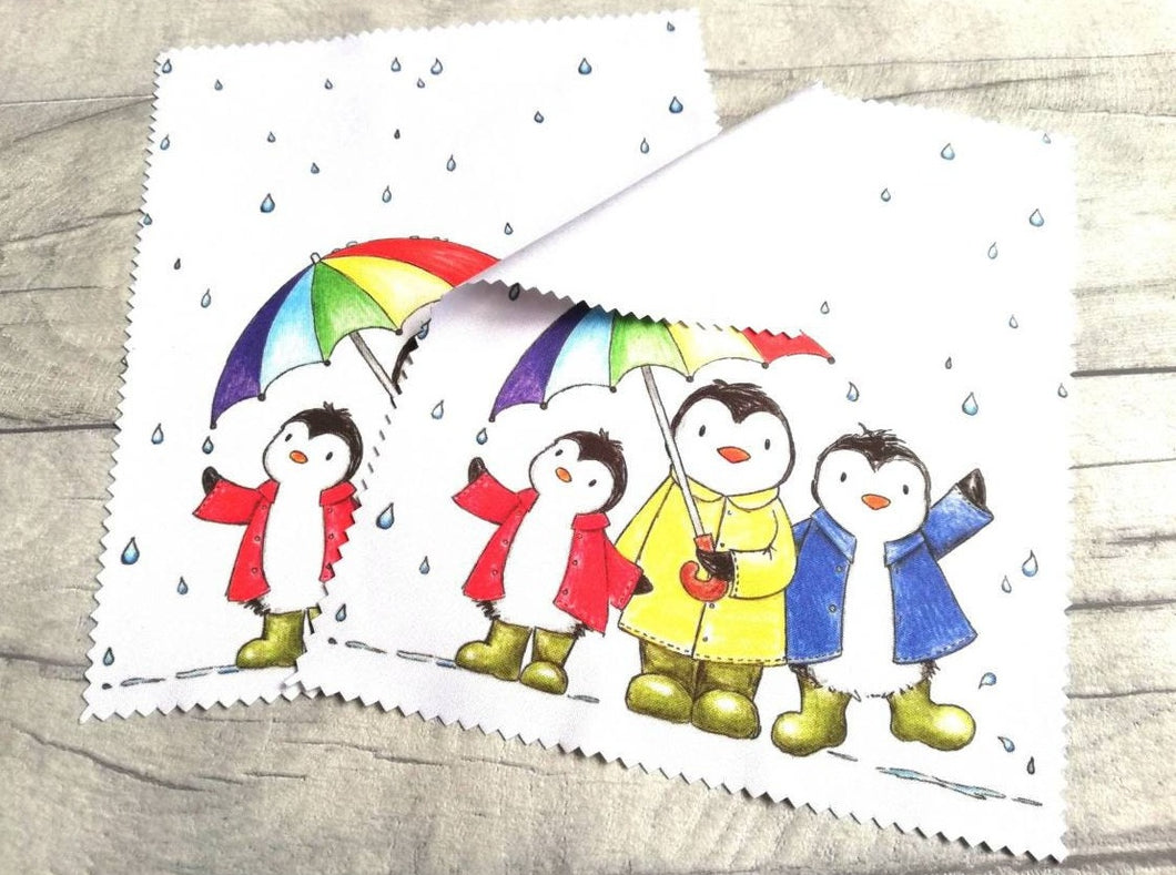 Rainbow penguin glasses, screen cleaner, penguins in the rain lens cloth, cute screen wipe, rainbow umbrella fabric screen wipe