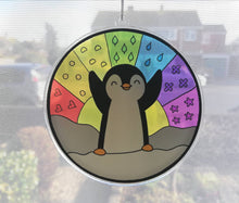 Load image into Gallery viewer, Penguin rainbow suncatcher, rainbow sunshine, window ornament cute penguin, rainbow colours, sunrise, recycled acrylic, mirror decor
