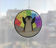 Load image into Gallery viewer, Penguin rainbow suncatcher, rainbow sunshine, window ornament cute penguin, rainbow colours, sunrise, recycled acrylic, mirror decor
