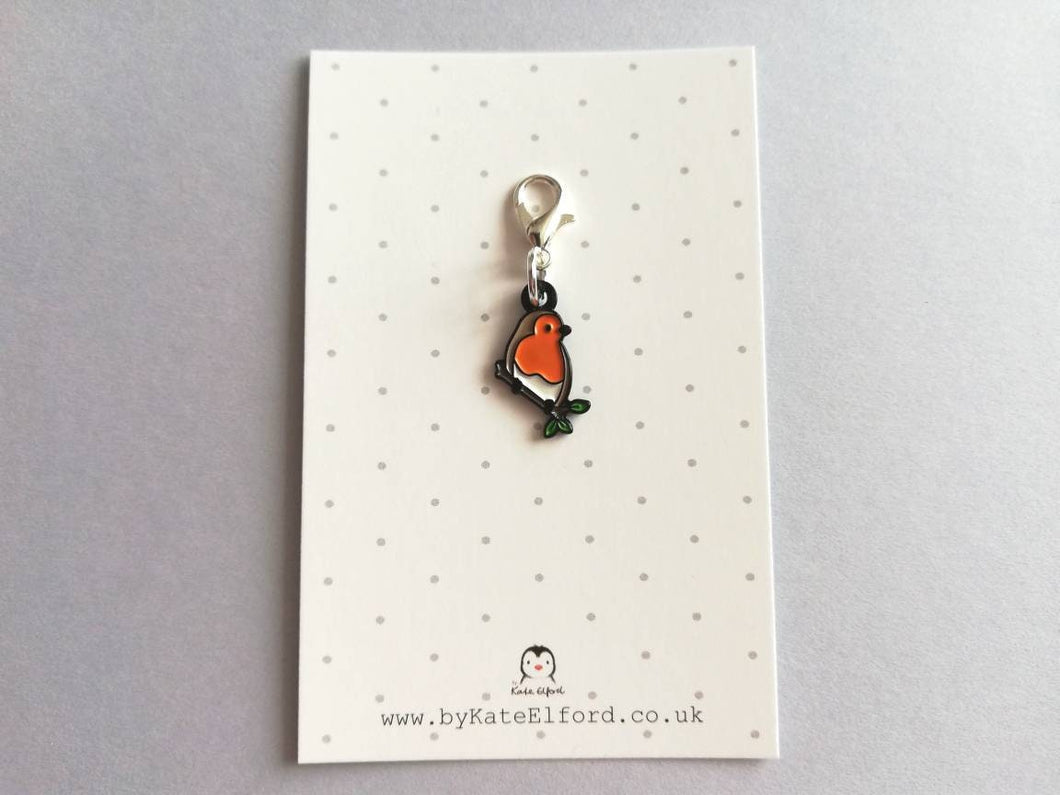 Robin stitch marker, mini bird enamel charm, when a robin appears, choice of backing cards