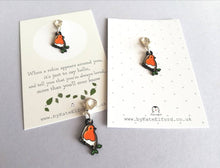 Load image into Gallery viewer, Robin stitch marker, mini bird enamel charm, when a robin appears, choice of backing cards

