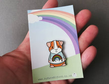 Load image into Gallery viewer, Rainbow guinea pig enamel pin, piggy brooch. Pastel blue sky, cloud, rainbow and heart pin. Cavy pin
