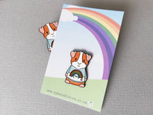 Load image into Gallery viewer, Rainbow guinea pig enamel pin, piggy brooch. Pastel blue sky, cloud, rainbow and heart pin. Cavy pin
