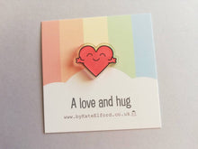 Load image into Gallery viewer, A love and hug mini magnet, cute positive heart, tiny fridge magnet, friendship, postable hug and love, supportive, care, recycled acrylic

