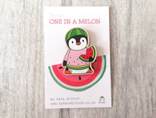 Load image into Gallery viewer, Penguin you are one in a melon magnet, little positive penguin wooden fridge magnet. Funny thank you gift, watermelon magnet
