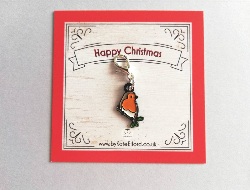 Robin stitch marker, mini bird enamel charm, when a robin appears, choice of backing cards