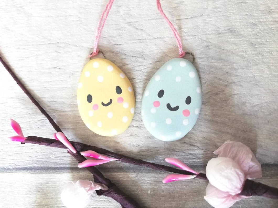 Pottery Easter mini eggs, pastel yellow and green polka dot, little ceramic Easter tree decorations