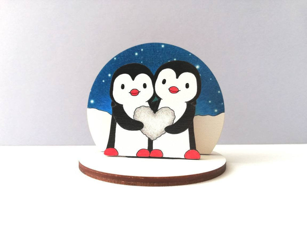 Penguins, pebble heart, wooden ornament, small penguin cake topper. Ethically sourced wood, love birds