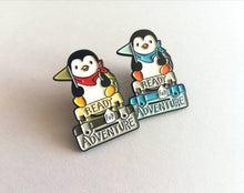 Load image into Gallery viewer, Seconds - Penguin adventure enamel pin, ready for adventure, uni, hiking, life, travel, journey, new job, new home, college, University
