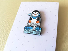 Load image into Gallery viewer, Penguin adventure enamel pin, ready for adventure, uni, hiking, life, travel, journey, new job, new home, college, University
