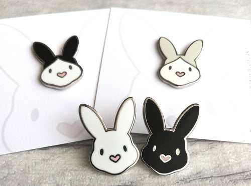 Rabbit enamel pins. Enamel badge. Enamel bunny brooch with pink heart shaped nose. Black, white, grey and white, black and white rabbits