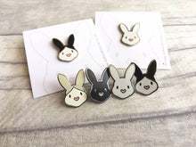Load image into Gallery viewer, Rabbit enamel pins. Enamel badge. Enamel bunny brooch with pink heart shaped nose. Black, white, grey and white, black and white rabbits
