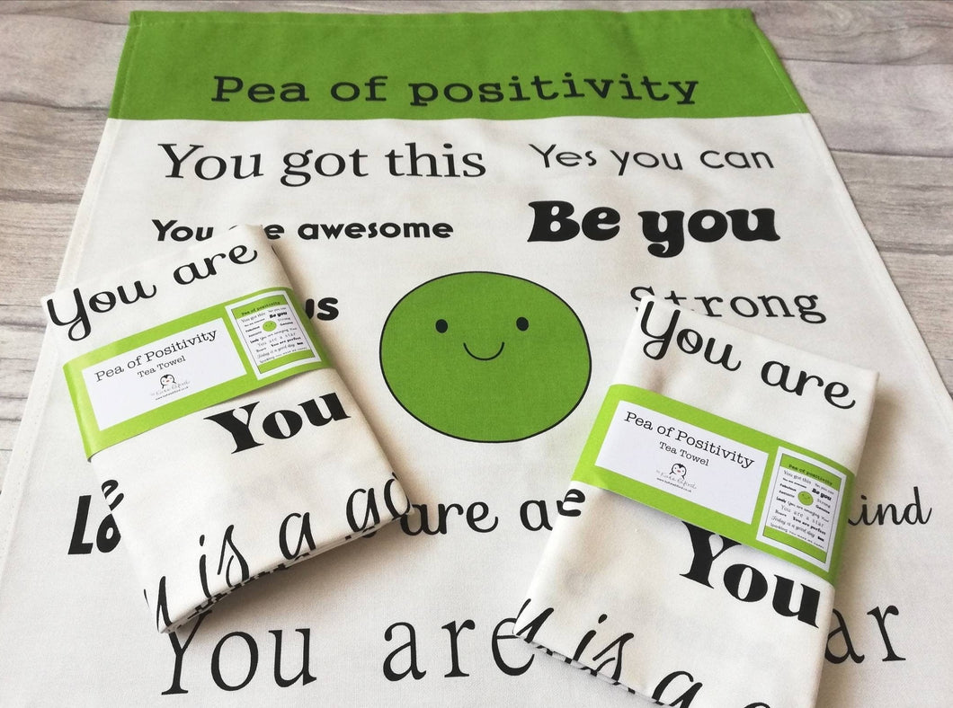 Pea of positivity tea towel. 100% cotton. Positive happy kitchen gift, house warming, supportive, friendship, care. With hanging loop