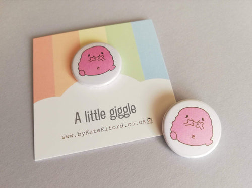 A little giggle button badge, cute pink blob, positive gift, friendship, care, supportive, funny, mini badge