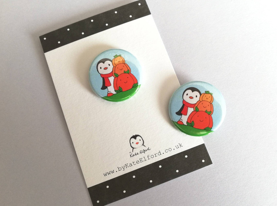 Mini penguin and pumpkin badge, trick or treat badge, little Halloween pin button