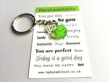 Load image into Gallery viewer, Ha pea, Pea of positivity mini keyring, tiny cute happy pea charm, positive key fob, friendship, caring, thoughtful gift, recycled acrylic
