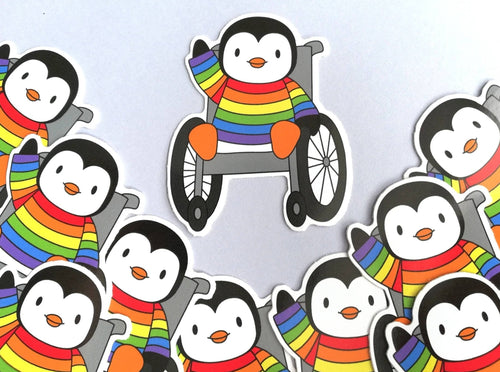Penguin in a rainbow jumper, wheelchair vinyl penguin sticker