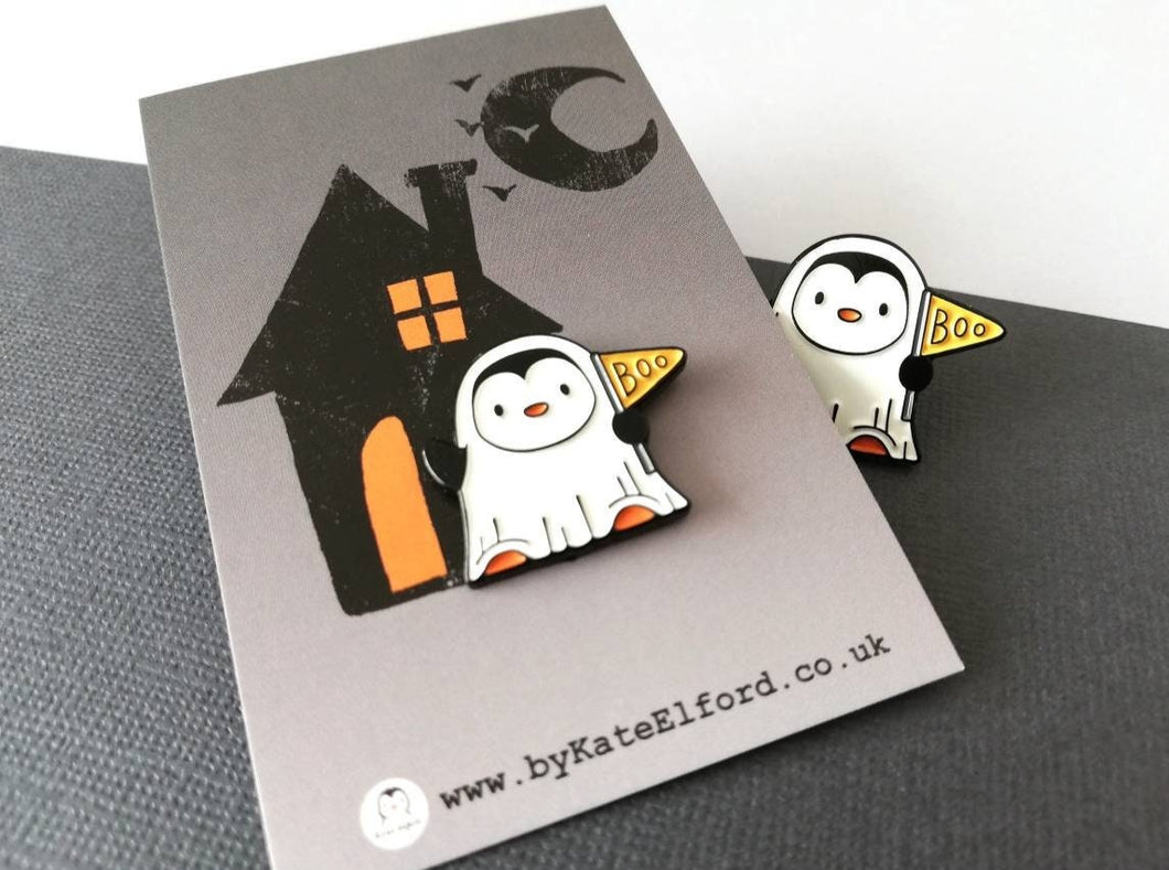 Penguin ghost enamel pin, Halloween spooky brooch, penguin boo badge, enamel pins