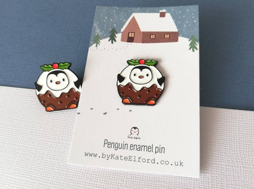 Pudding penguin enamel pin, Christmas pudding brooch, penguin holly badge, enamel pins