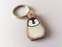 Load image into Gallery viewer, Penguin keyring, penguin grey chick wooden key fob, penguin key chain, wood bag charm, responsibly resourced wood
