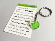 Load image into Gallery viewer, Ha pea, Pea of positivity mini keyring, tiny cute happy pea charm, positive key fob, friendship, caring, thoughtful gift, recycled acrylic
