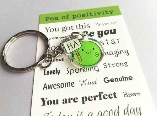 Ha pea, Pea of positivity mini keyring, tiny cute happy pea charm, positive key fob, friendship, caring, thoughtful gift, recycled acrylic