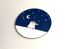 Load image into Gallery viewer, Penguin ghost coaster, little cute trick or treat penguin, boo, Halloween spooky penguin and stars table mat
