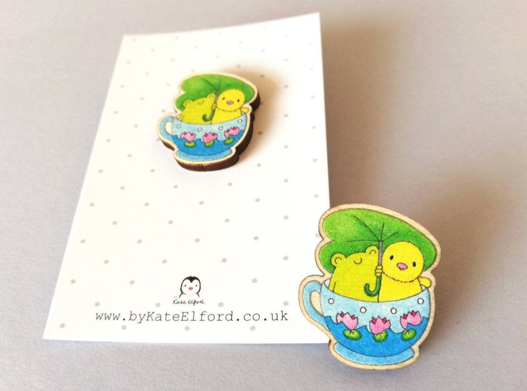 Frog and chick pin, eco friendly wooden teacup brooch, Responsibly resourced wood, eco friendly. Cute badge