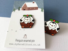 Load image into Gallery viewer, Pudding penguin enamel pin, Christmas pudding brooch, penguin holly badge, enamel pins
