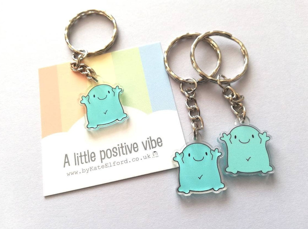 A little positive vibe keyring, cute happy blue blob, positive key fob, friendship, support, care, recycled acrylic