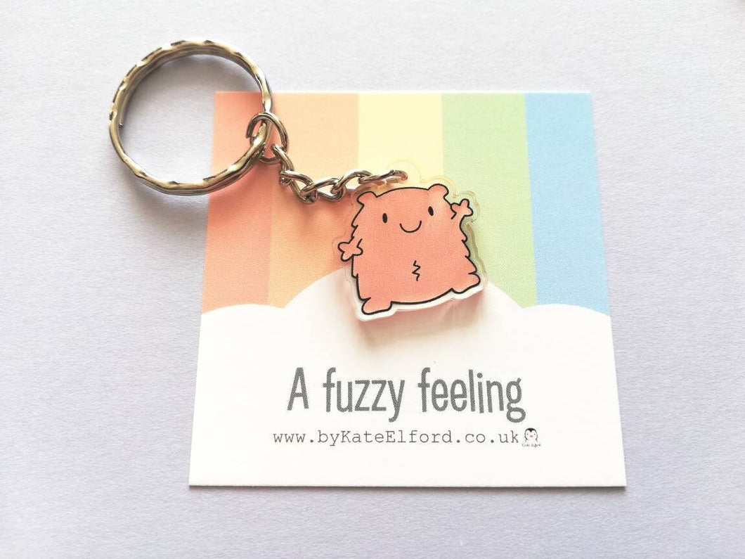 A fuzzy feeling keyring, cute happy, love, positive key fob, friendship, support, care, recycled acrylic