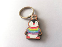 Load image into Gallery viewer, Rainbow penguin keyring, penguin rainbow jumper wooden key fob, ethically sourced wood, small penguin key chain, bag charm
